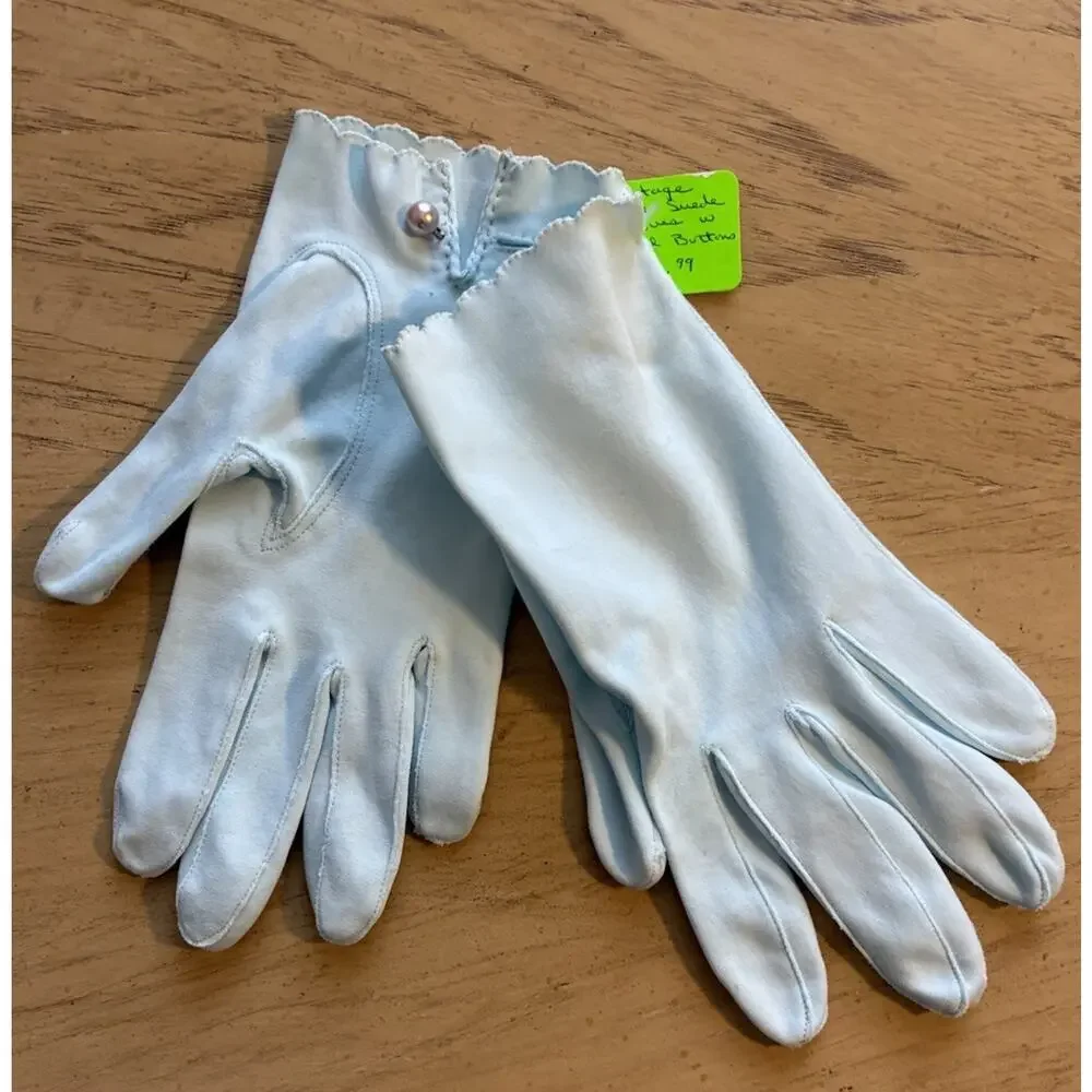 Vintage Van Raalte Baby Blue Amersuede Gloves Scalloped Pearl Button 1950s Med